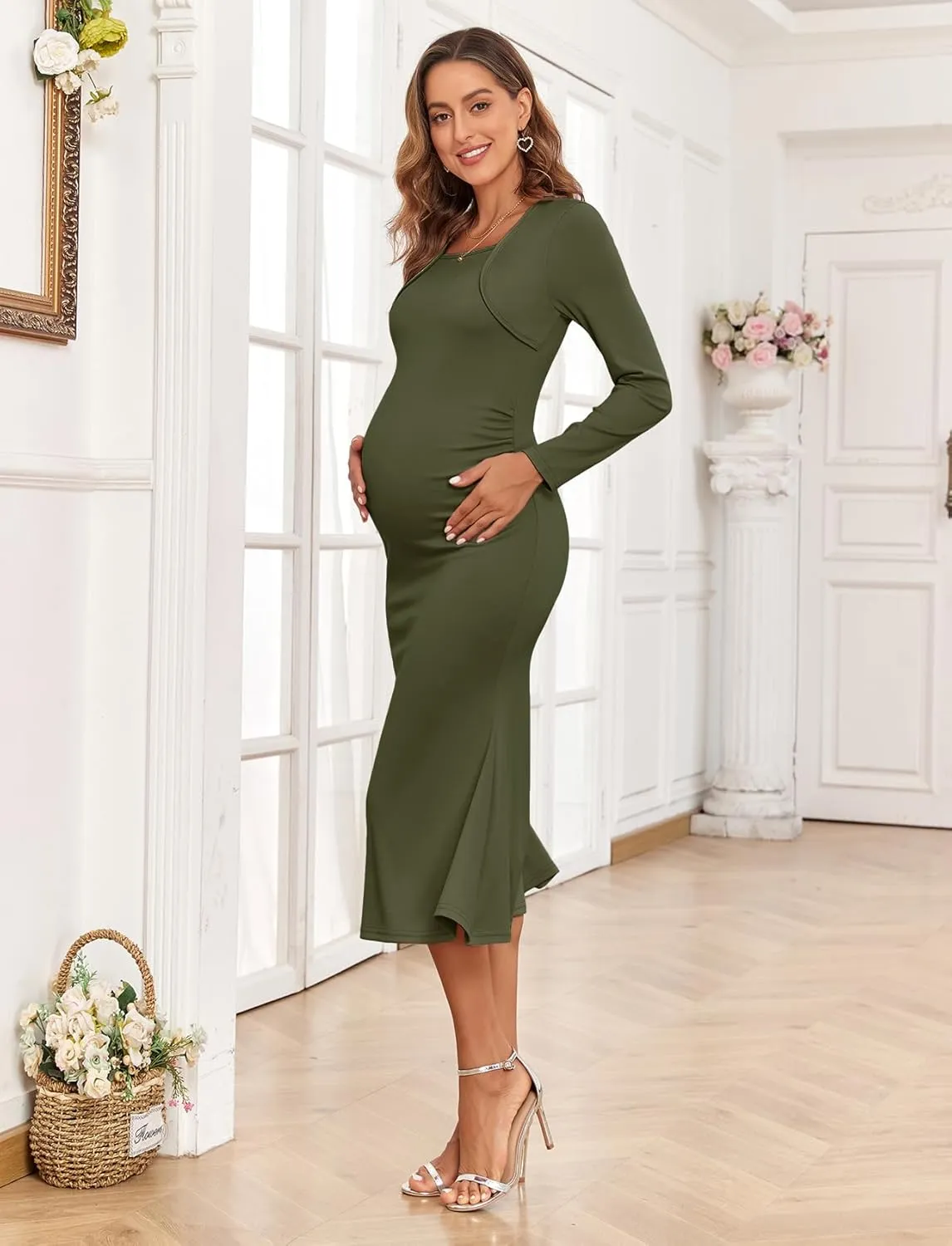 2024 Fall Square Neck Mermaid Maternity Dress Faux Two-Piece Long Sleeve Bodycon Pregnancy Dress