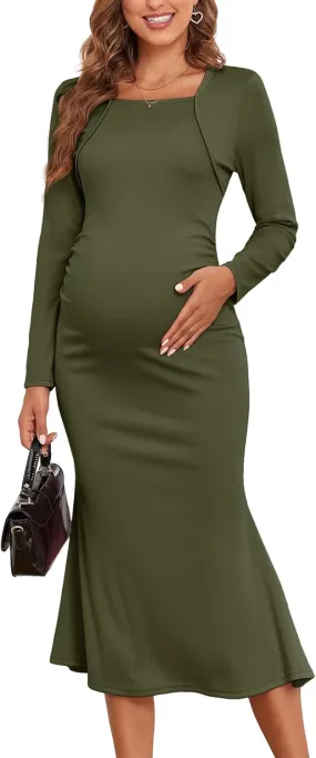 2024 Fall Square Neck Mermaid Maternity Dress Faux Two-Piece Long Sleeve Bodycon Pregnancy Dress
