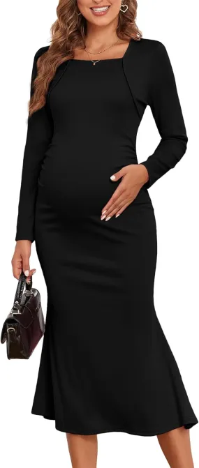 2024 Fall Square Neck Mermaid Maternity Dress Faux Two-Piece Long Sleeve Bodycon Pregnancy Dress