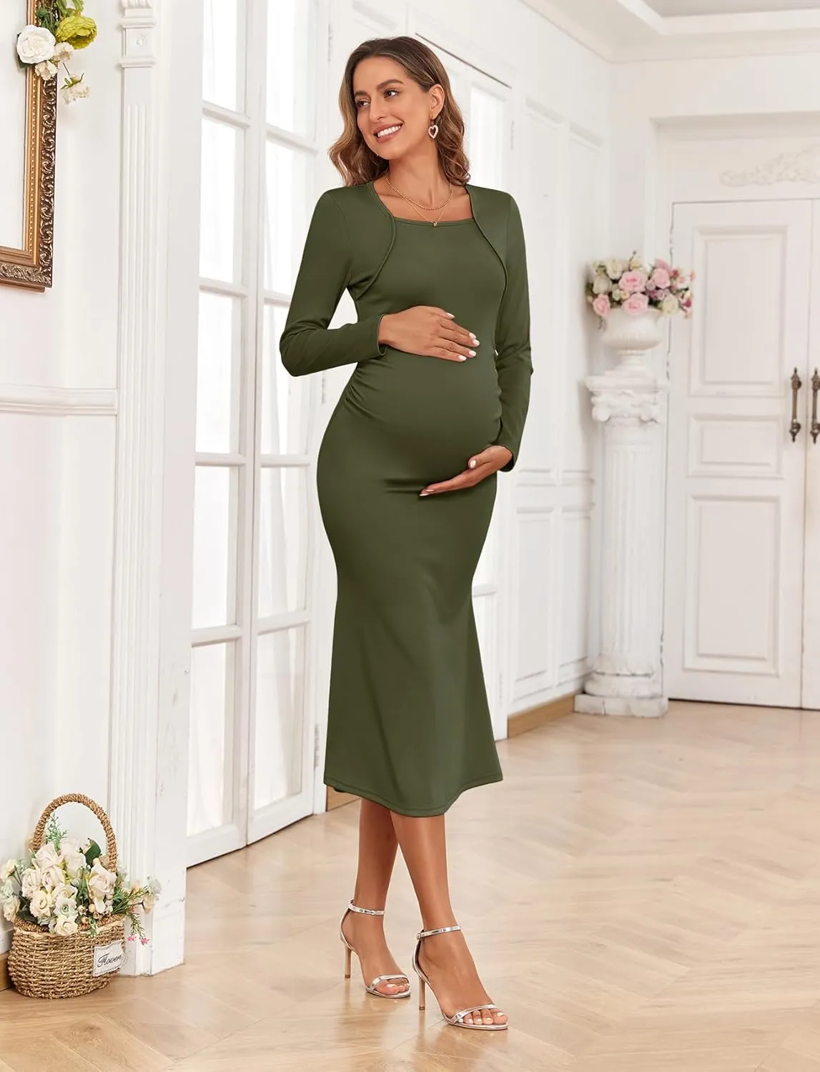 2024 Fall Square Neck Mermaid Maternity Dress Faux Two-Piece Long Sleeve Bodycon Pregnancy Dress