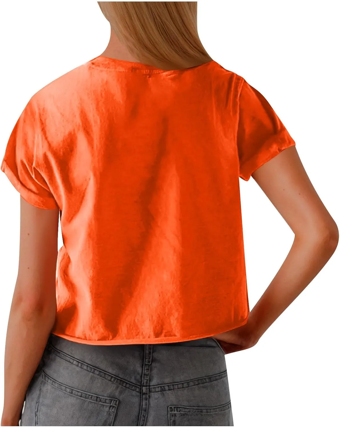 2025 Summer Short Sleeve Crop Tops Womens Crewneck Roll Cap Sleeve T Shirts Trendy Solid Color Loose Fit Basic Tees