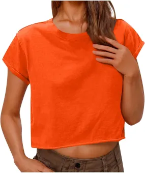 2025 Summer Short Sleeve Crop Tops Womens Crewneck Roll Cap Sleeve T Shirts Trendy Solid Color Loose Fit Basic Tees