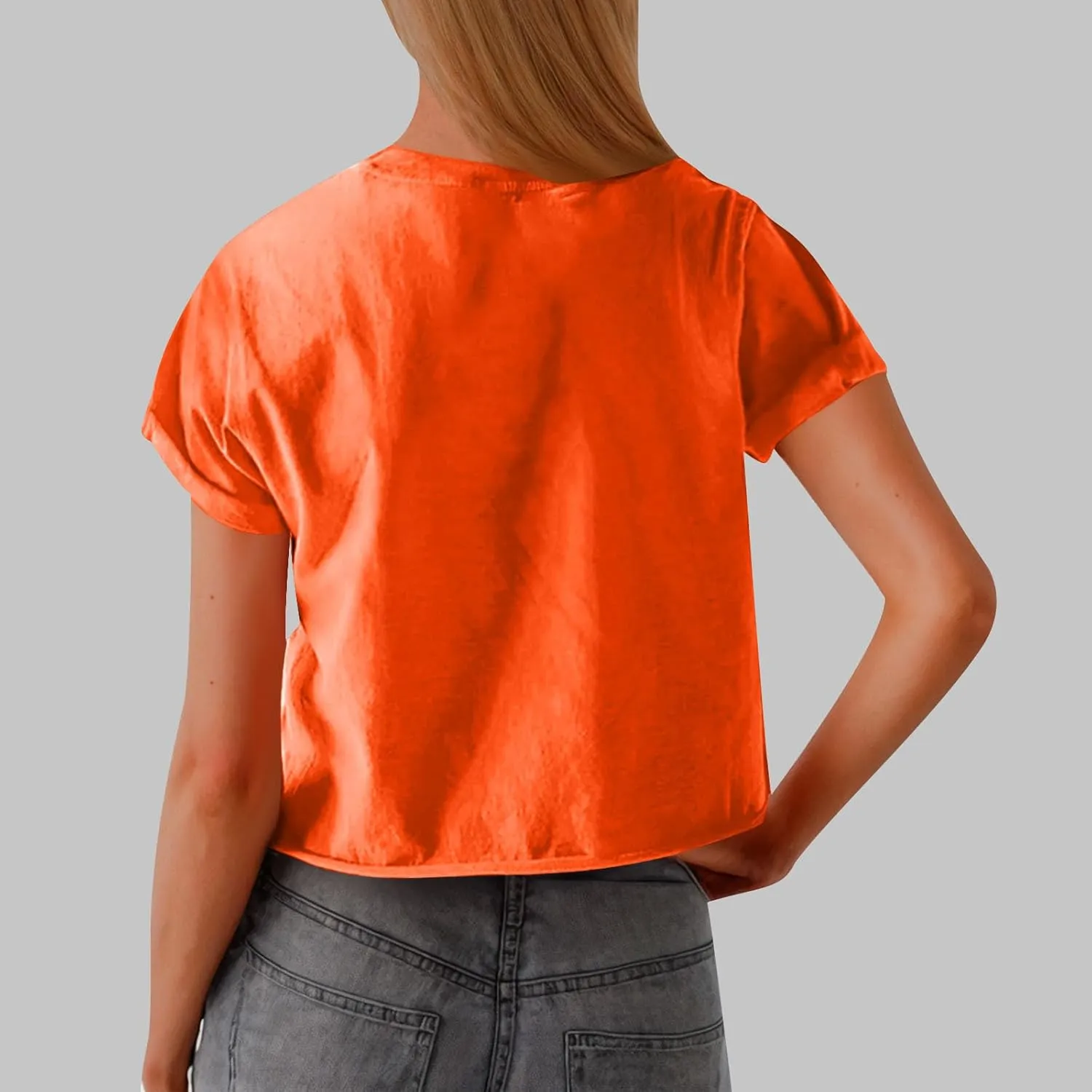 2025 Summer Short Sleeve Crop Tops Womens Crewneck Roll Cap Sleeve T Shirts Trendy Solid Color Loose Fit Basic Tees