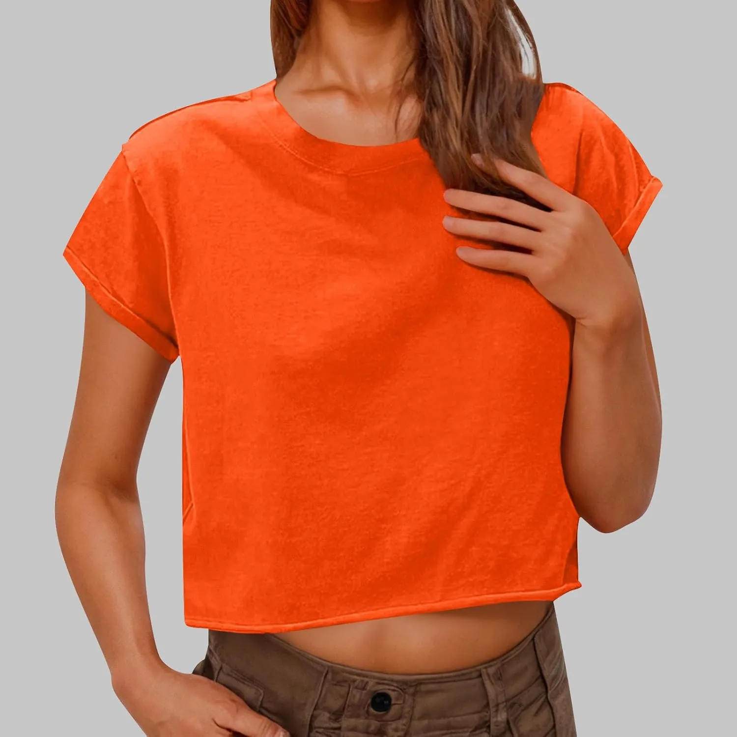 2025 Summer Short Sleeve Crop Tops Womens Crewneck Roll Cap Sleeve T Shirts Trendy Solid Color Loose Fit Basic Tees