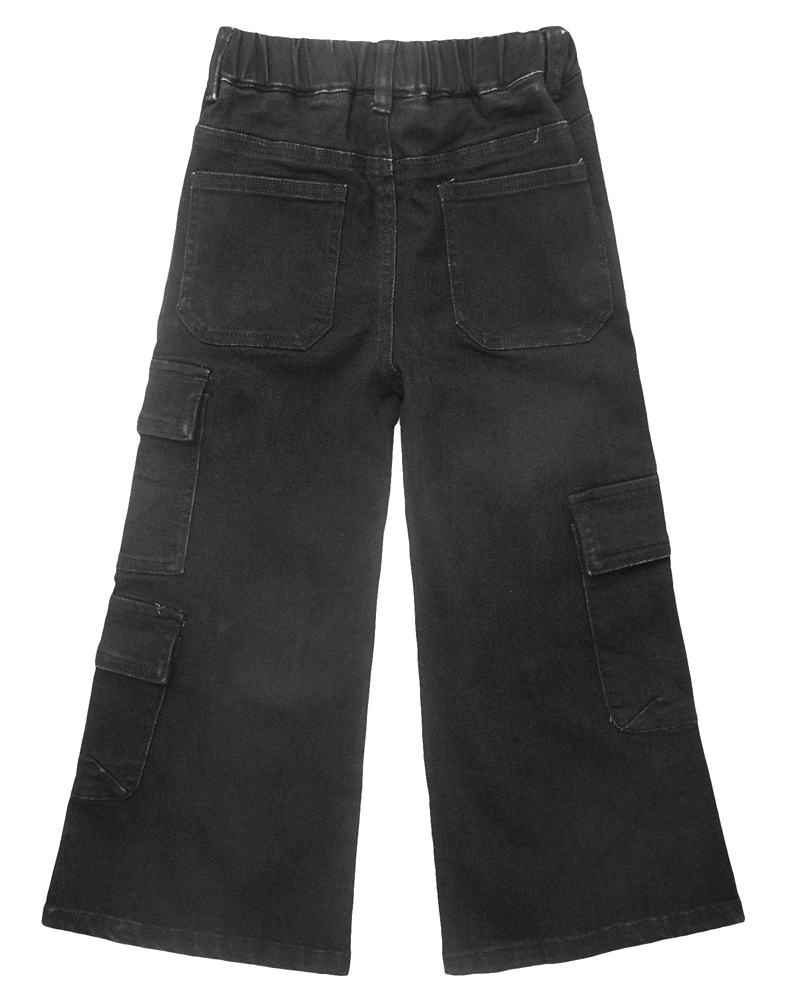 7-Pocket Girls Wide-leg Stretch Denim Pants, 5-14T Ribbed Elastic Waist with D-ring Cargo Jeans
