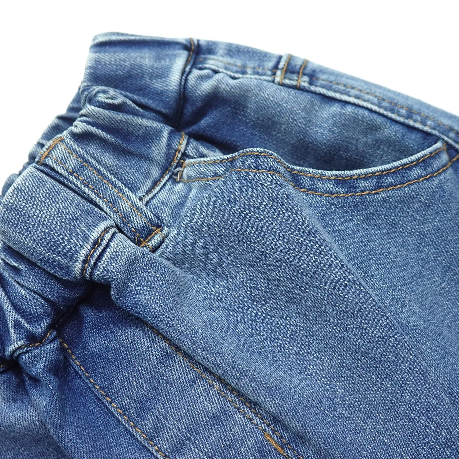 7-Pocket Girls Wide-leg Stretch Denim Pants, 5-14T Ribbed Elastic Waist with D-ring Cargo Jeans