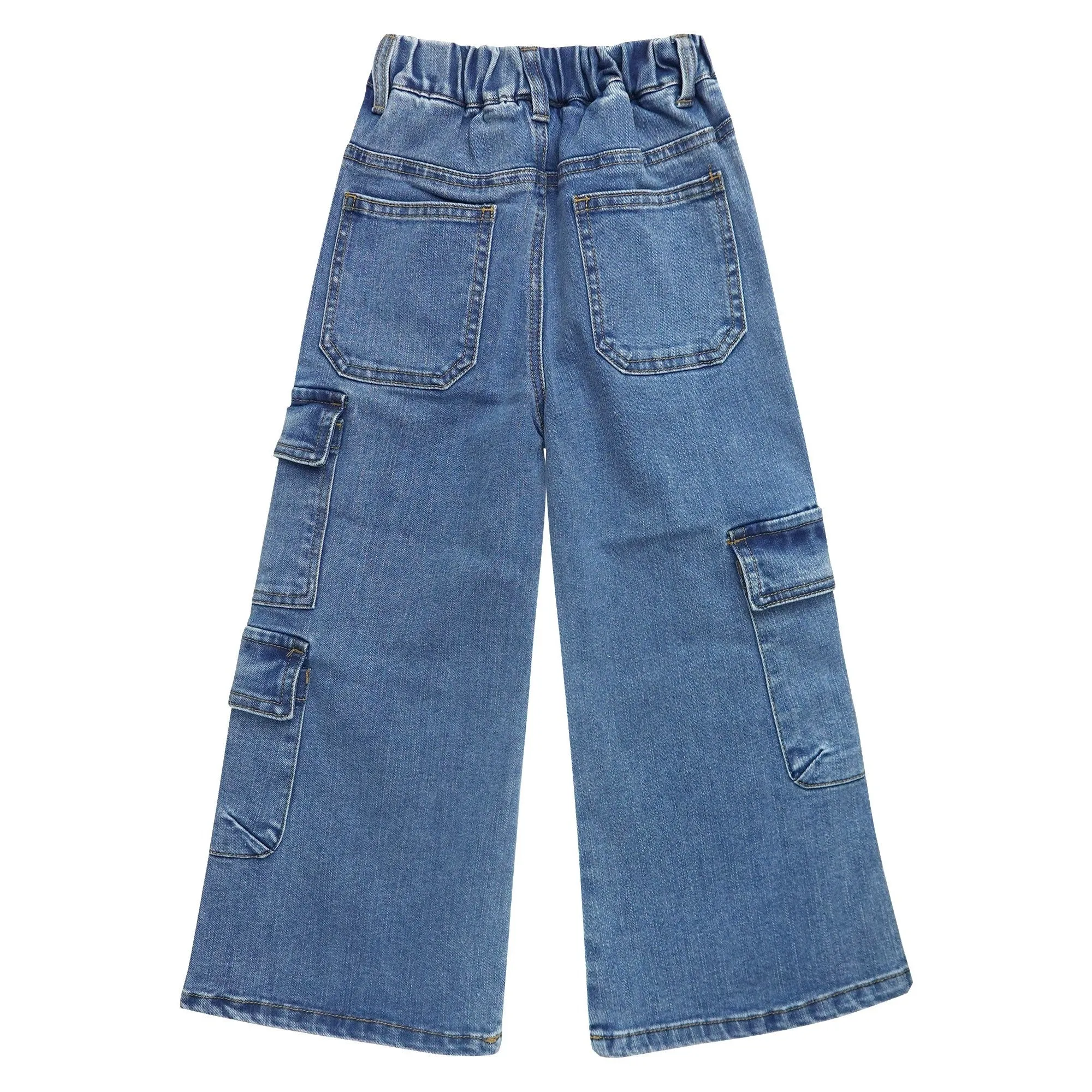 7-Pocket Girls Wide-leg Stretch Denim Pants, 5-14T Ribbed Elastic Waist with D-ring Cargo Jeans