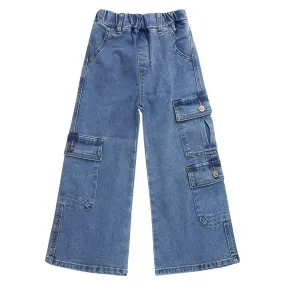 7-Pocket Girls Wide-leg Stretch Denim Pants, 5-14T Ribbed Elastic Waist with D-ring Cargo Jeans
