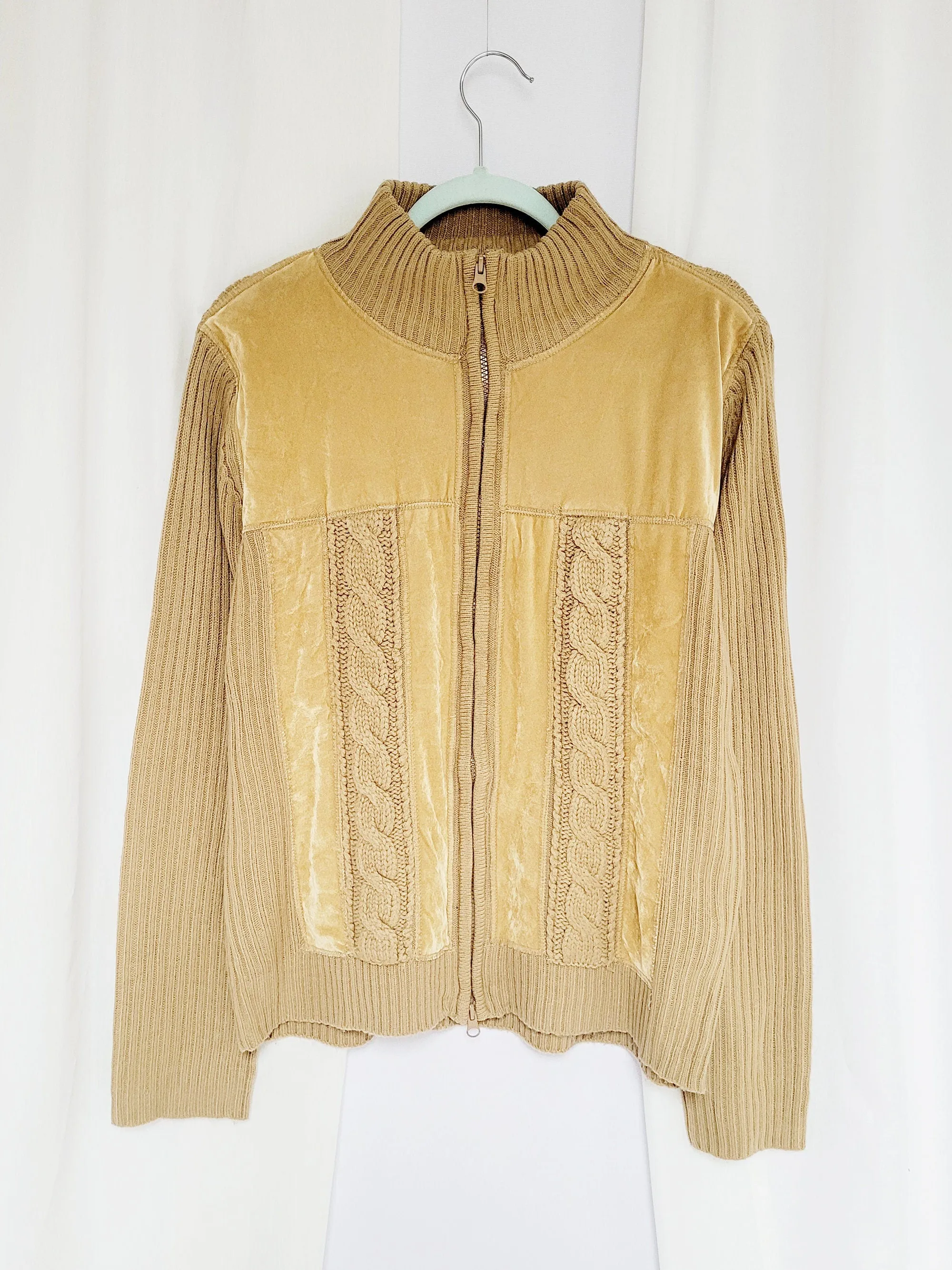 90s brown knit velveteen combo minimalist zip cardigan