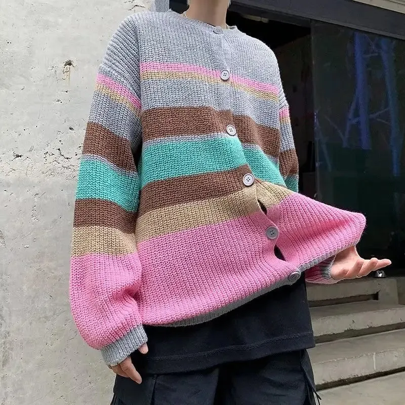 Aidase Striped Cardigan Men Loose Contrast Color Slouchy Handsome High Street American Style Retro Hipster Spring Autumn Minimalist