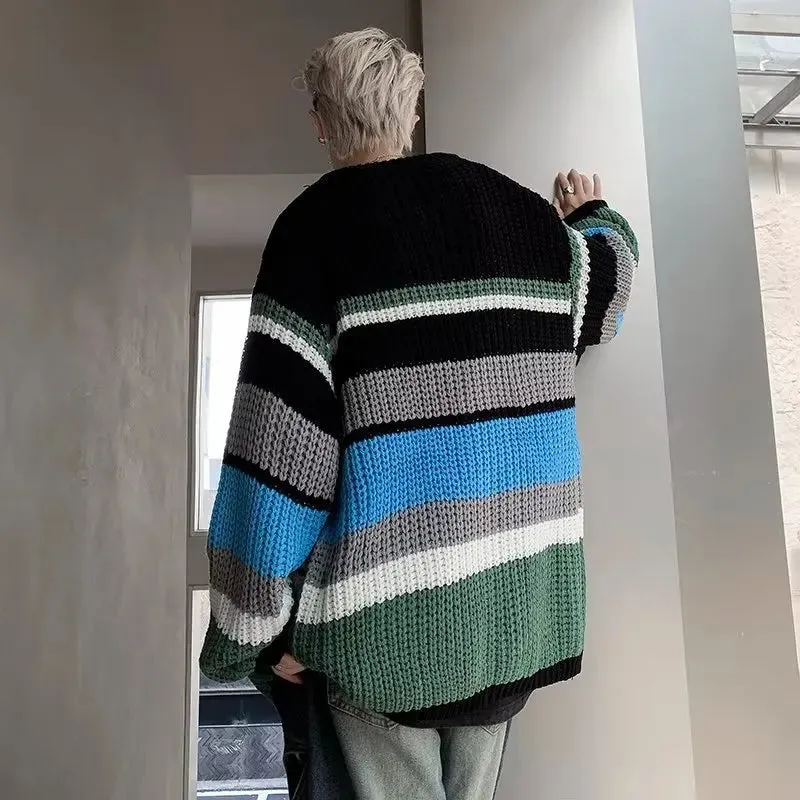 Aidase Striped Cardigan Men Loose Contrast Color Slouchy Handsome High Street American Style Retro Hipster Spring Autumn Minimalist