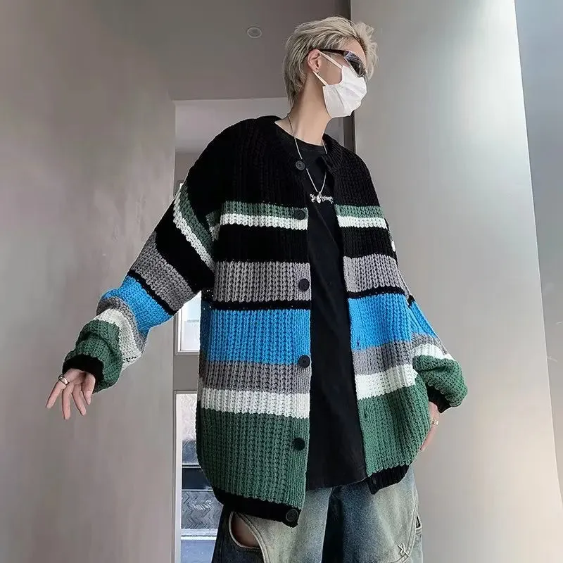 Aidase Striped Cardigan Men Loose Contrast Color Slouchy Handsome High Street American Style Retro Hipster Spring Autumn Minimalist