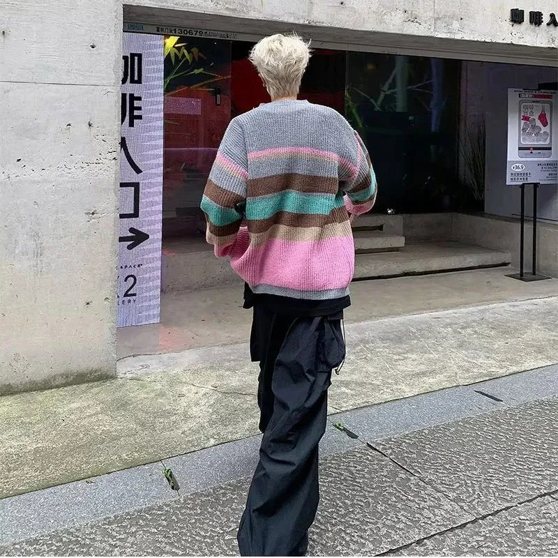 Aidase Striped Cardigan Men Loose Contrast Color Slouchy Handsome High Street American Style Retro Hipster Spring Autumn Minimalist