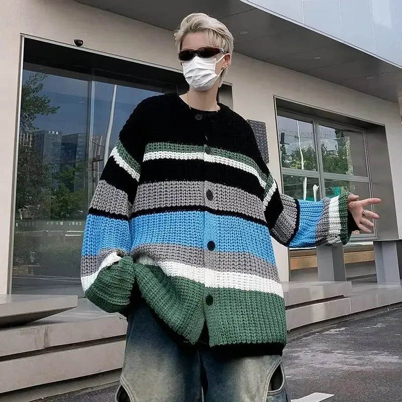 Aidase Striped Cardigan Men Loose Contrast Color Slouchy Handsome High Street American Style Retro Hipster Spring Autumn Minimalist