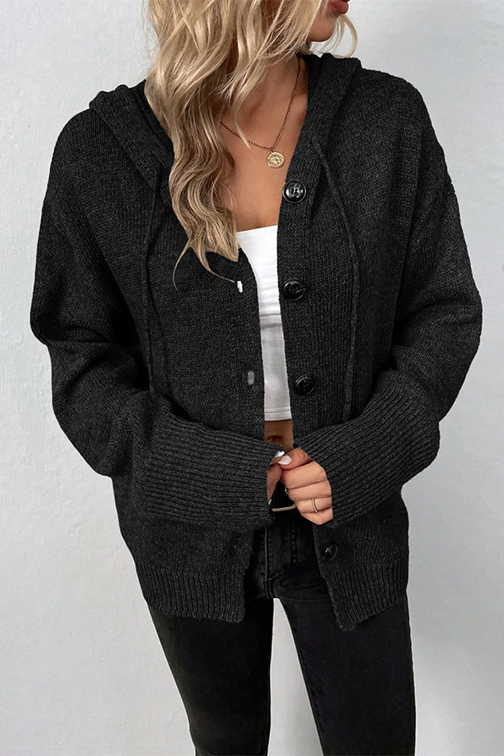 Black Button Up Drop Shoulder Knit Hooded Cardigan