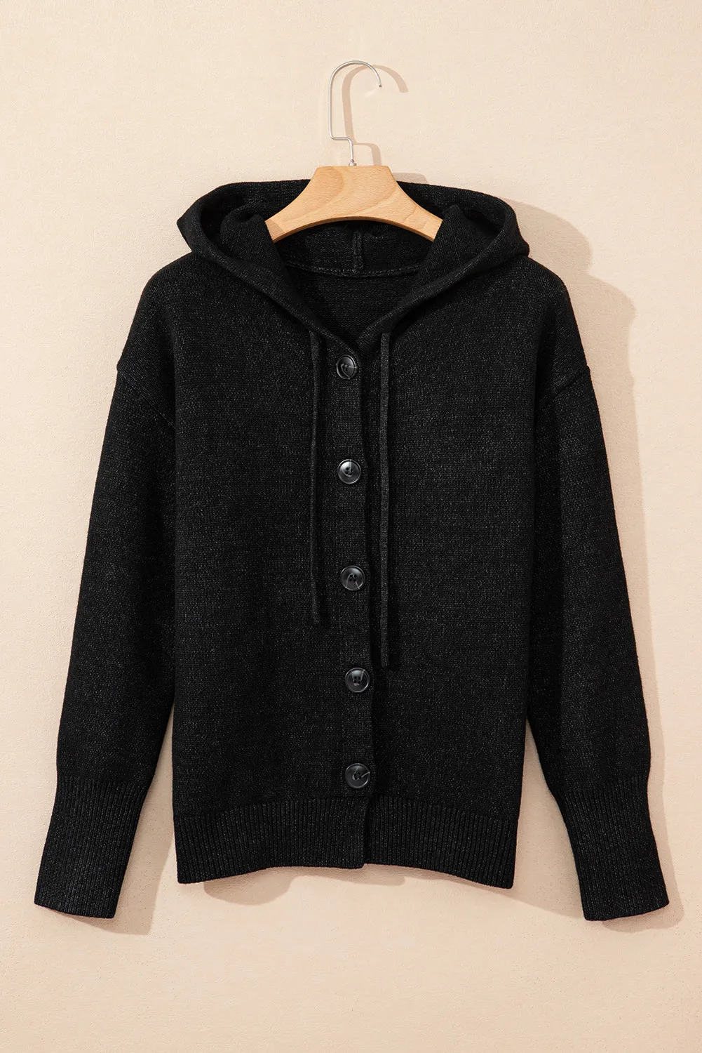 Black Button Up Drop Shoulder Knit Hooded Cardigan