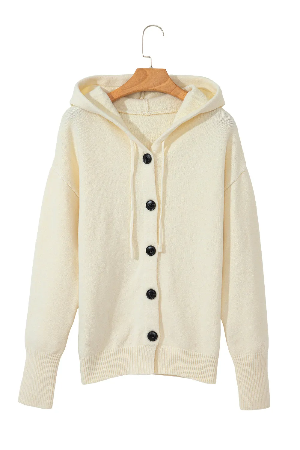 Black Button Up Drop Shoulder Knit Hooded Cardigan
