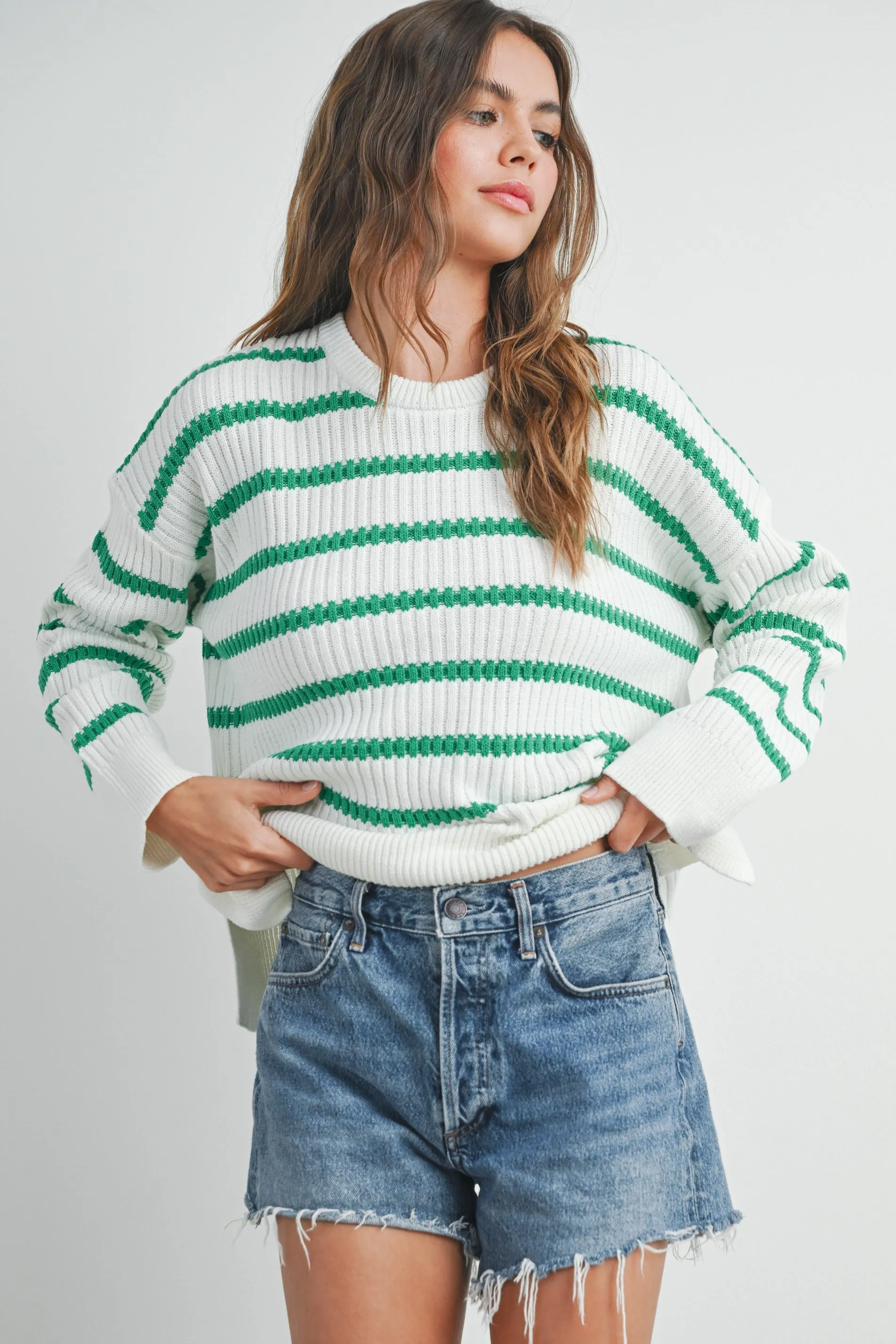 Boat Neck Striped Knit Sweater