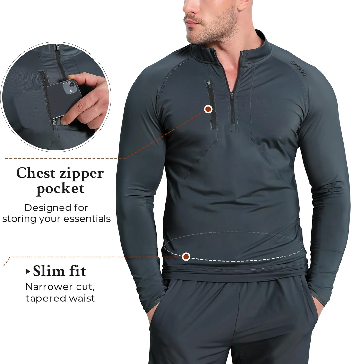 BROKIG Mens Dualzip Lightweight Muscle Quarter Zip Long Sleeve Shirts Workout Running Gym Athletic Slim Fit 1/4 Zip Jackets