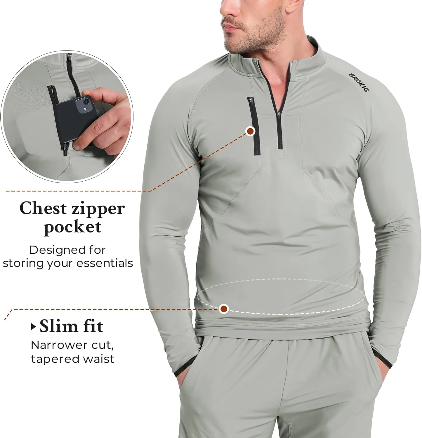 BROKIG Mens Dualzip Lightweight Muscle Quarter Zip Long Sleeve Shirts Workout Running Gym Athletic Slim Fit 1/4 Zip Jackets