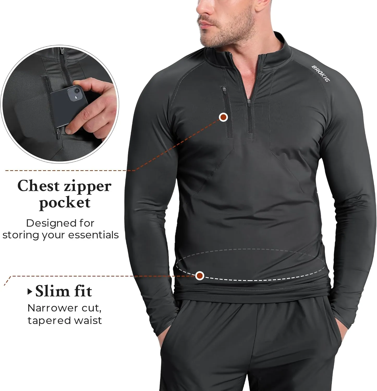 BROKIG Mens Dualzip Lightweight Muscle Quarter Zip Long Sleeve Shirts Workout Running Gym Athletic Slim Fit 1/4 Zip Jackets