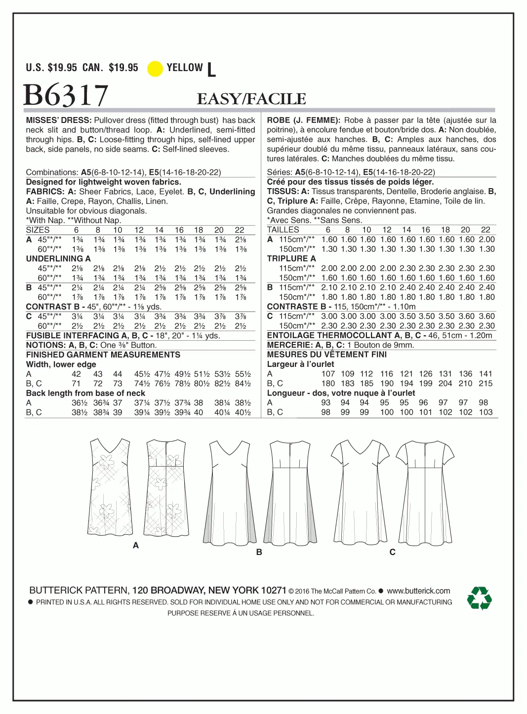 Butterick Pattern B6317 Misses' Pullover V-Neck Dresses