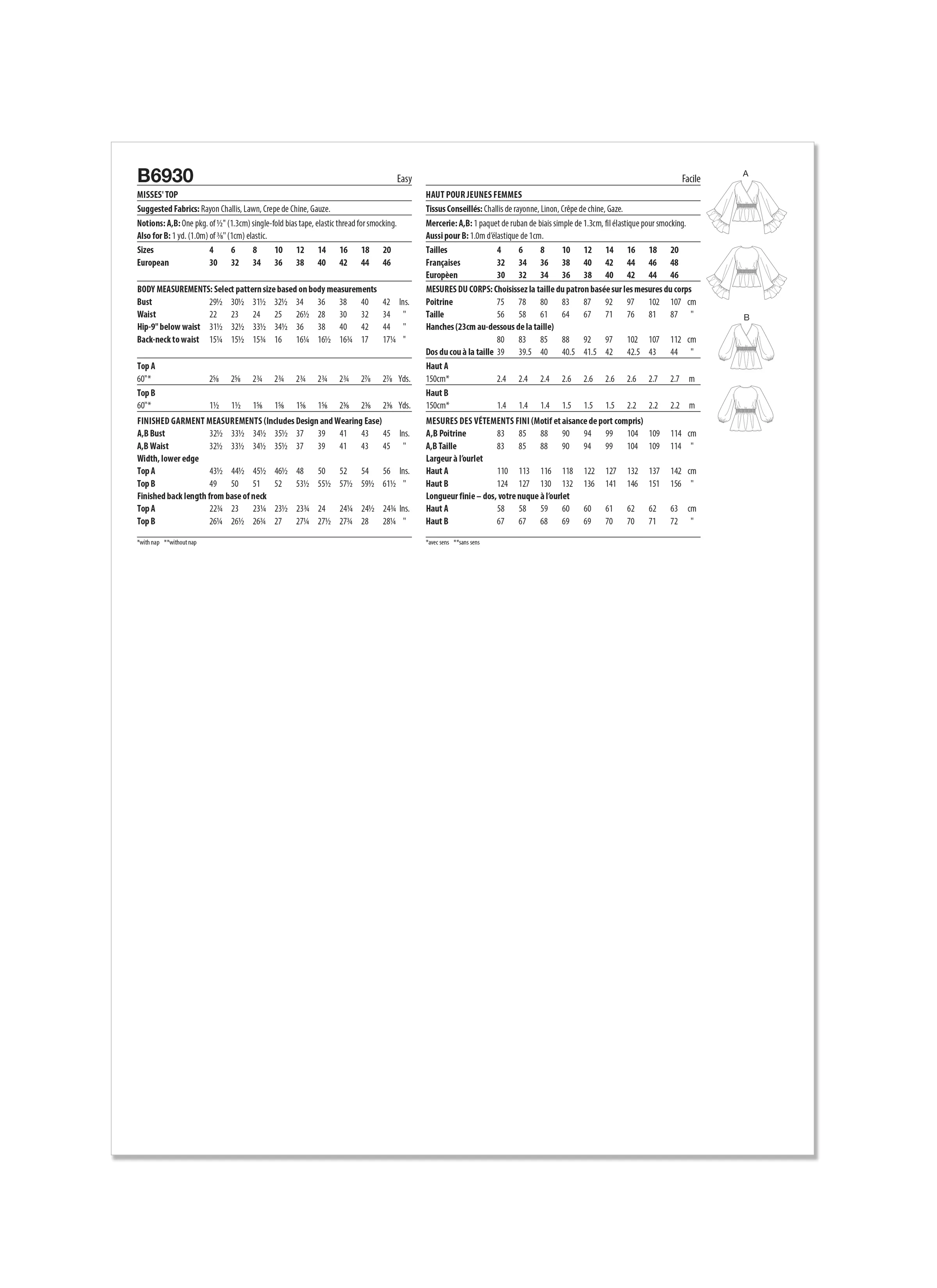 Butterick Sewing Pattern B6930 Misses' Top