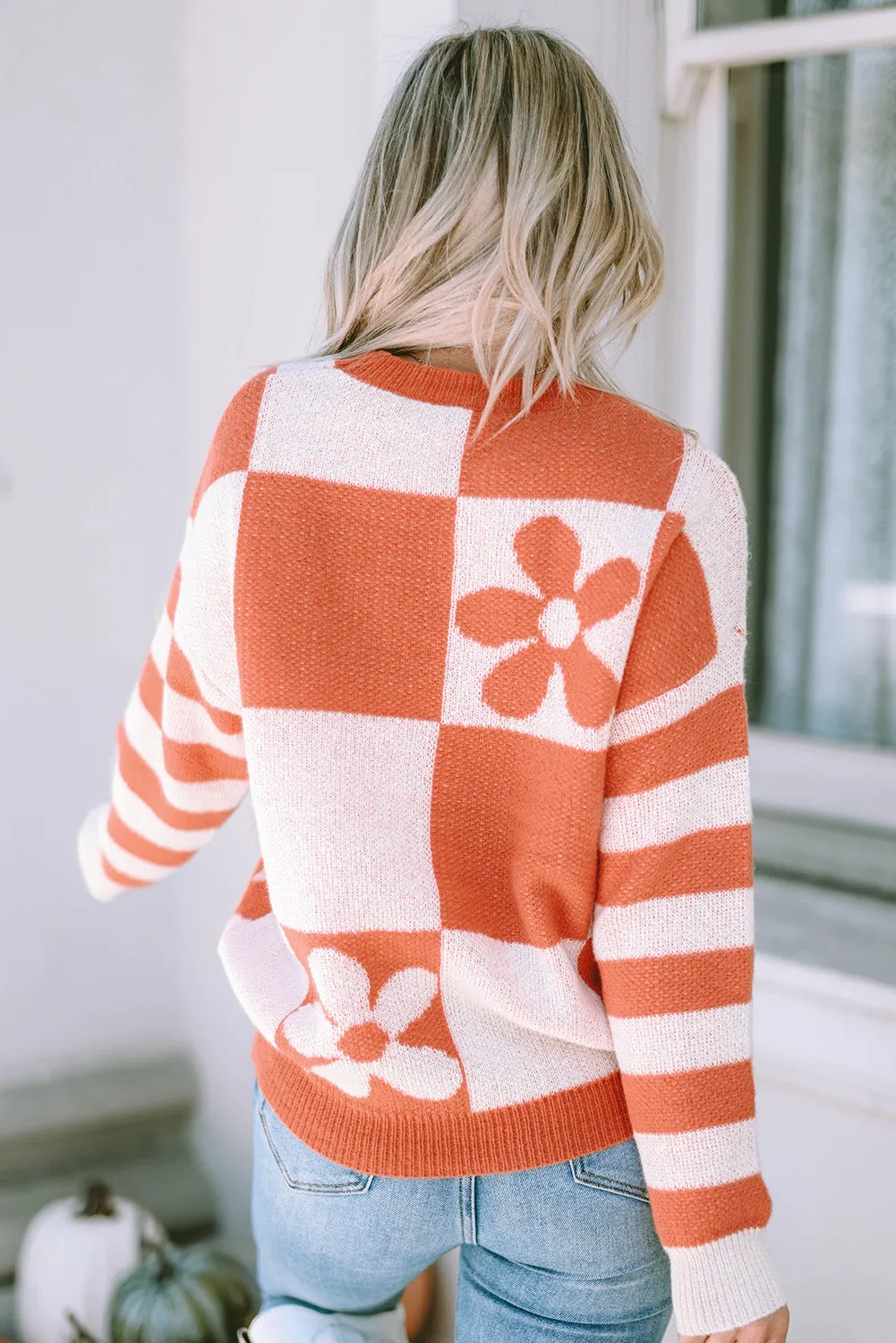 Cali Chic Women Brown Checkered Floral Print Striped Sleeve Sweater