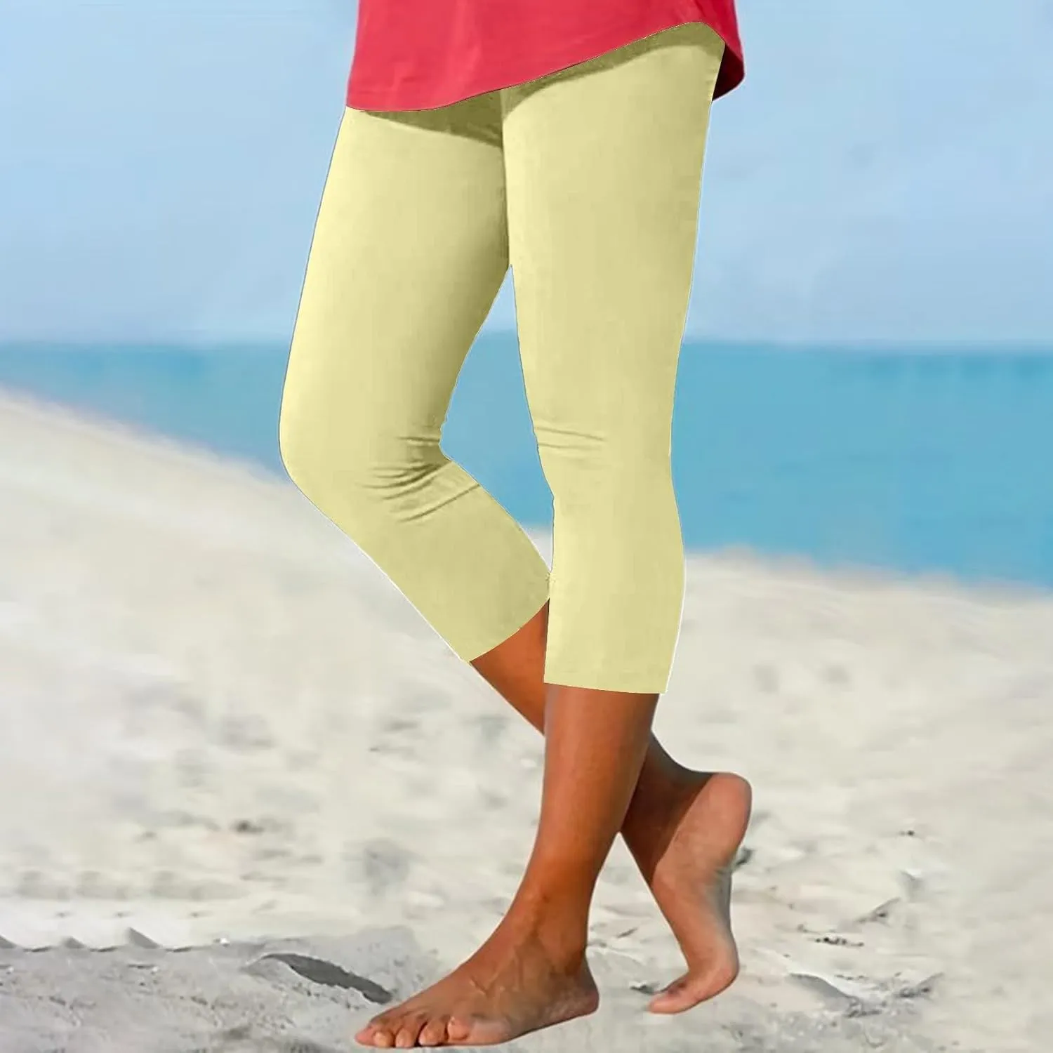Capri Leggings for Women 3/4 Length High Waisted Yoga Pants Elastic Comfy Summer Travel Casual Cropped Solid Capris