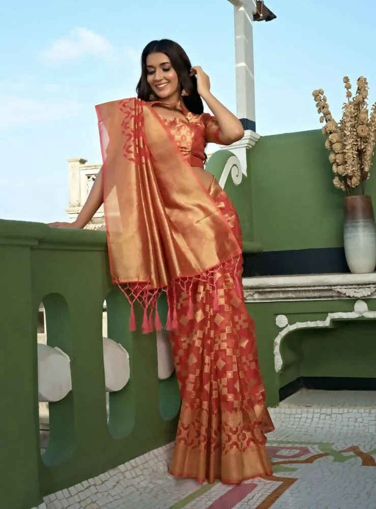 Charming Designer Light Tomato Red Color Organza Silk Saree With Weaving Work - Yomika Fashions