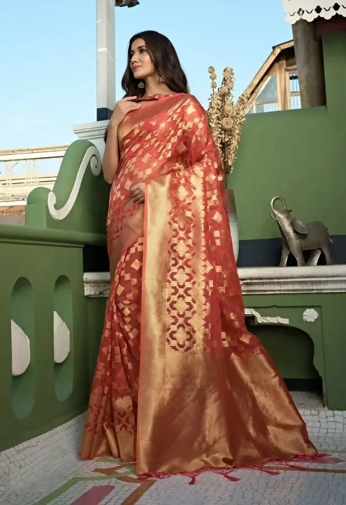 Charming Designer Light Tomato Red Color Organza Silk Saree With Weaving Work - Yomika Fashions