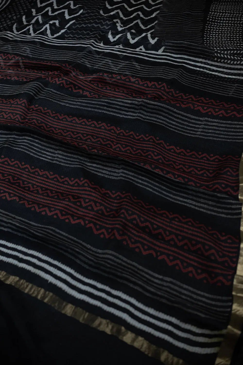 Chevron on Black Block Printed Kota Silk saree