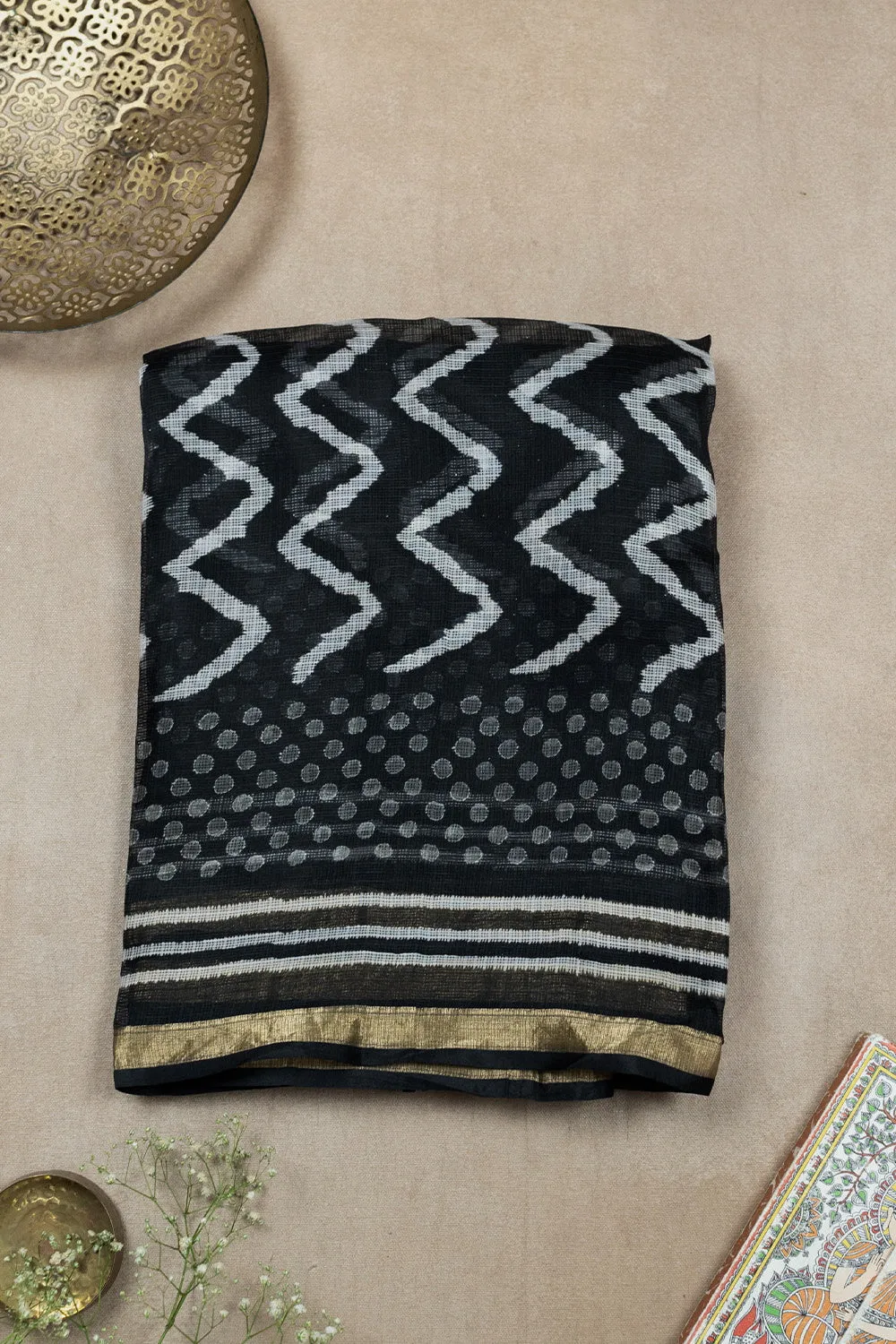 Chevron on Black Block Printed Kota Silk saree