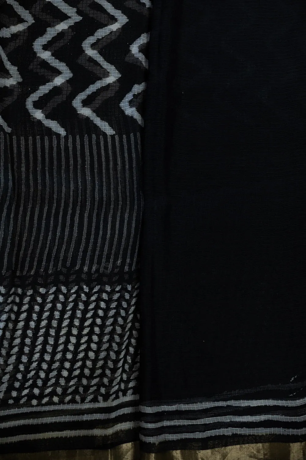 Chevron on Black Block Printed Kota Silk saree