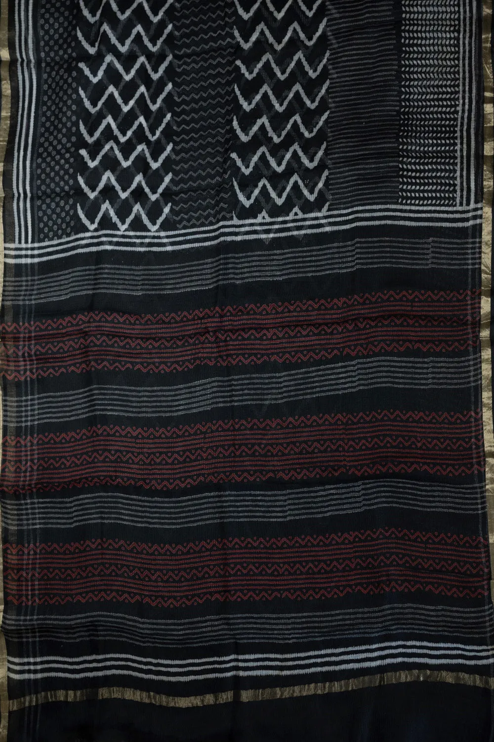 Chevron on Black Block Printed Kota Silk saree