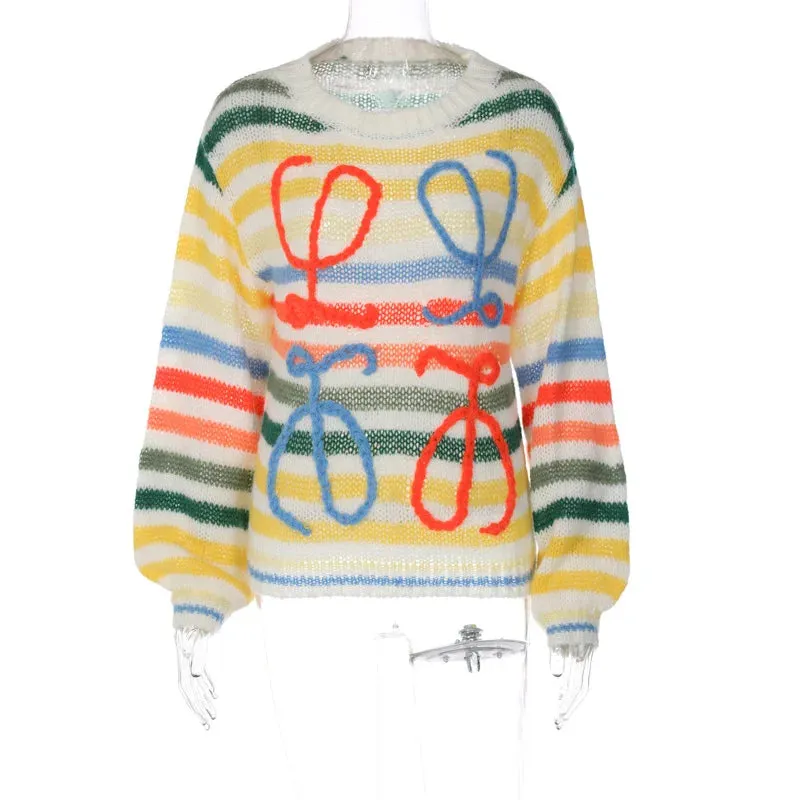 Color striped contrast loose sweater for women