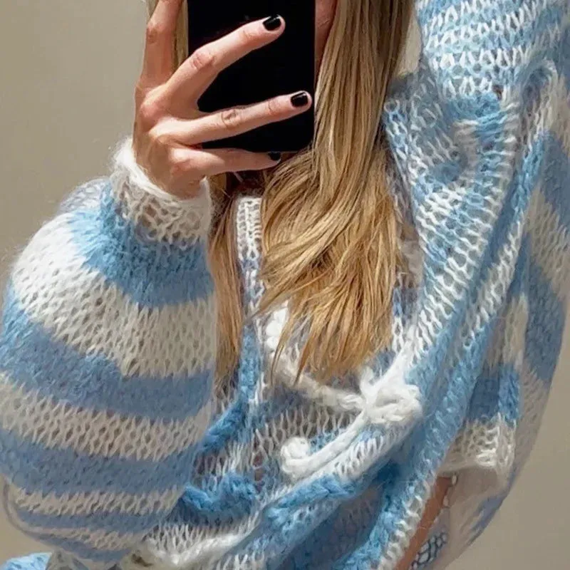 Color striped contrast loose sweater for women