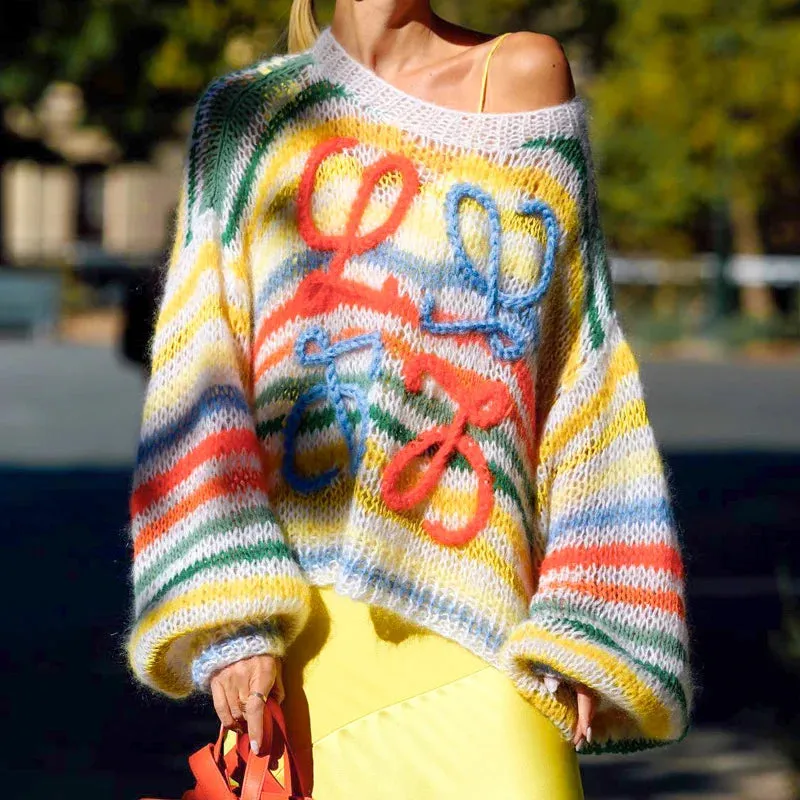 Color striped contrast loose sweater for women