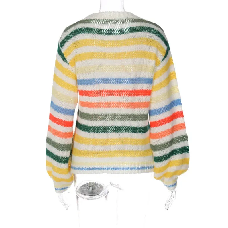 Color striped contrast loose sweater for women