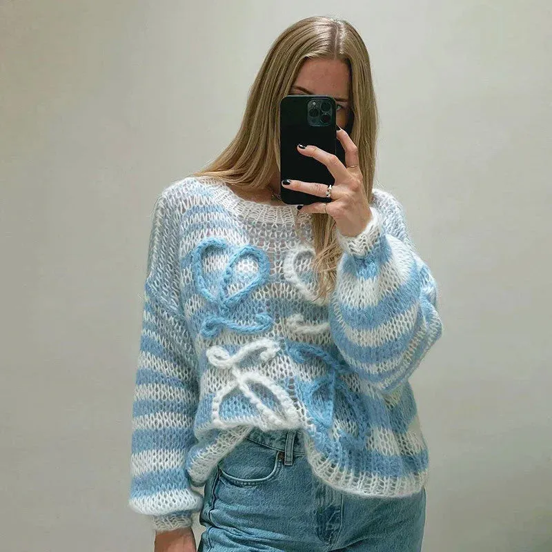 Color striped contrast loose sweater for women