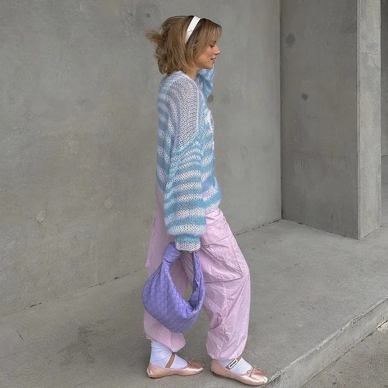 Color striped contrast loose sweater for women