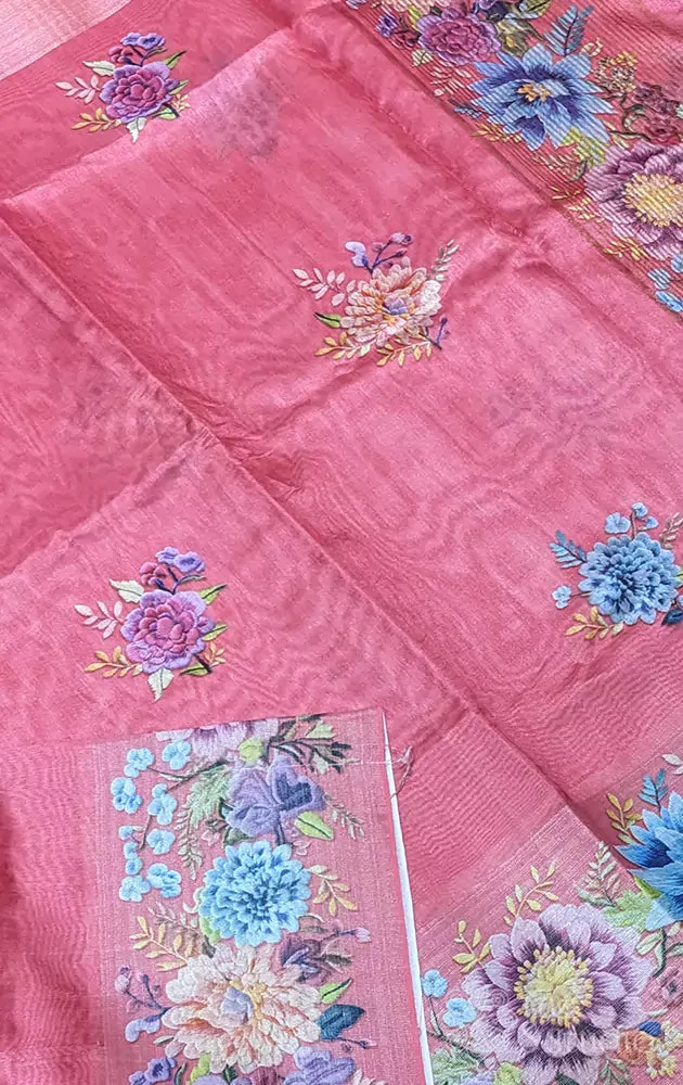 Dark peach semi tussar saree with tissue border