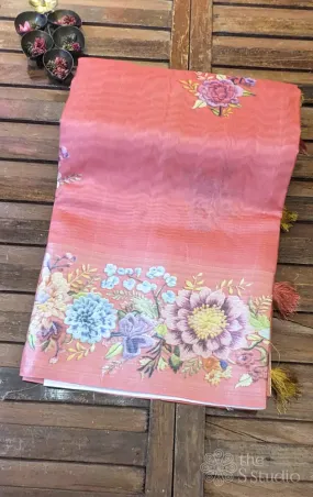 Dark peach semi tussar saree with tissue border
