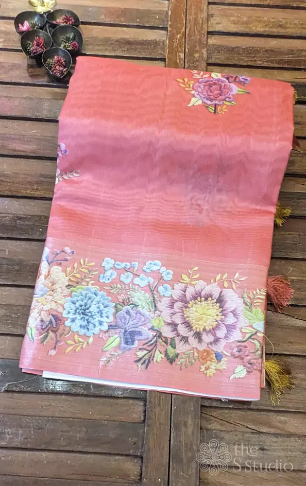 Dark peach semi tussar saree with tissue border
