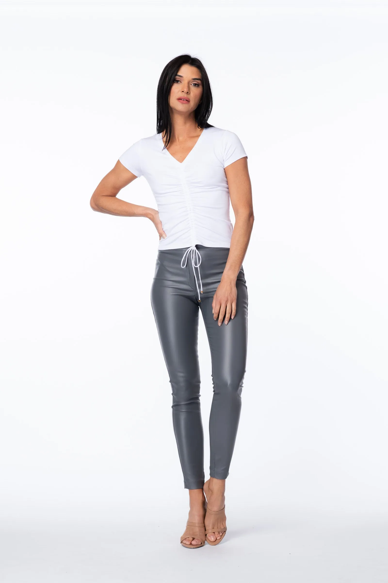 Drawstring Short-Sleeve V-Neck Top