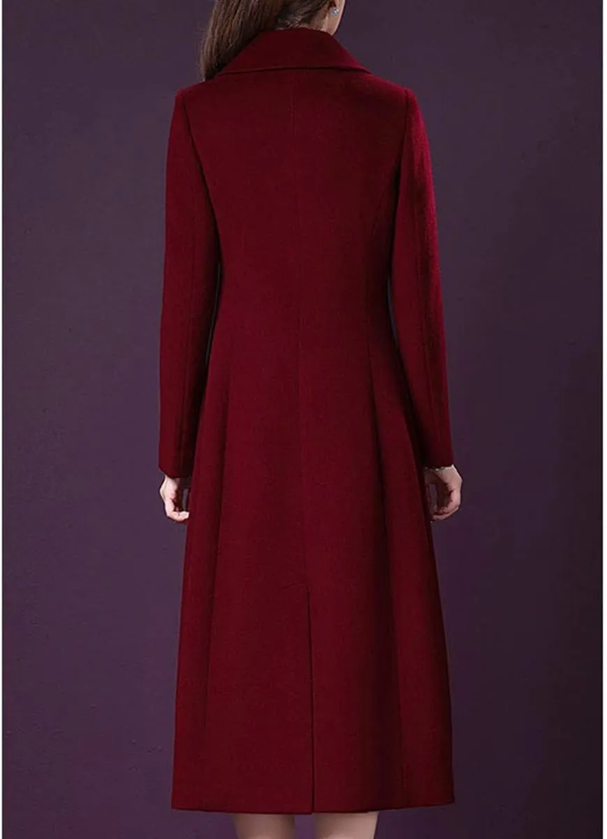 ebossy Women's Elegant Business Wool Coat Double Breasted Winter Long Coat