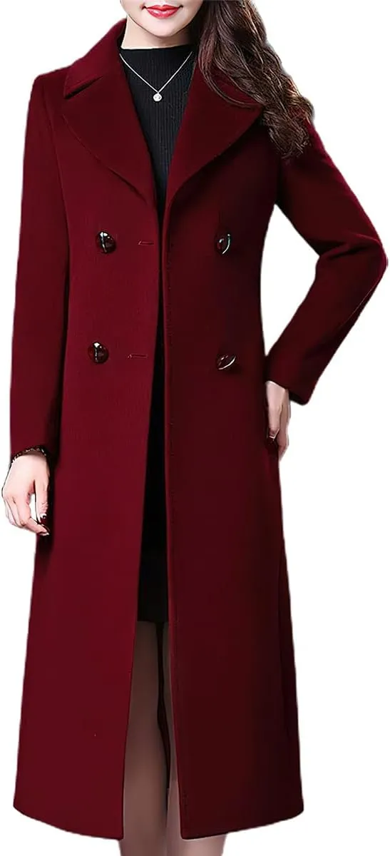 ebossy Women's Elegant Business Wool Coat Double Breasted Winter Long Coat
