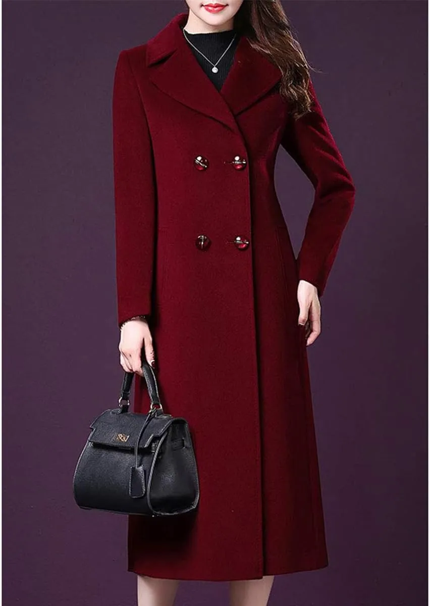 ebossy Women's Elegant Business Wool Coat Double Breasted Winter Long Coat