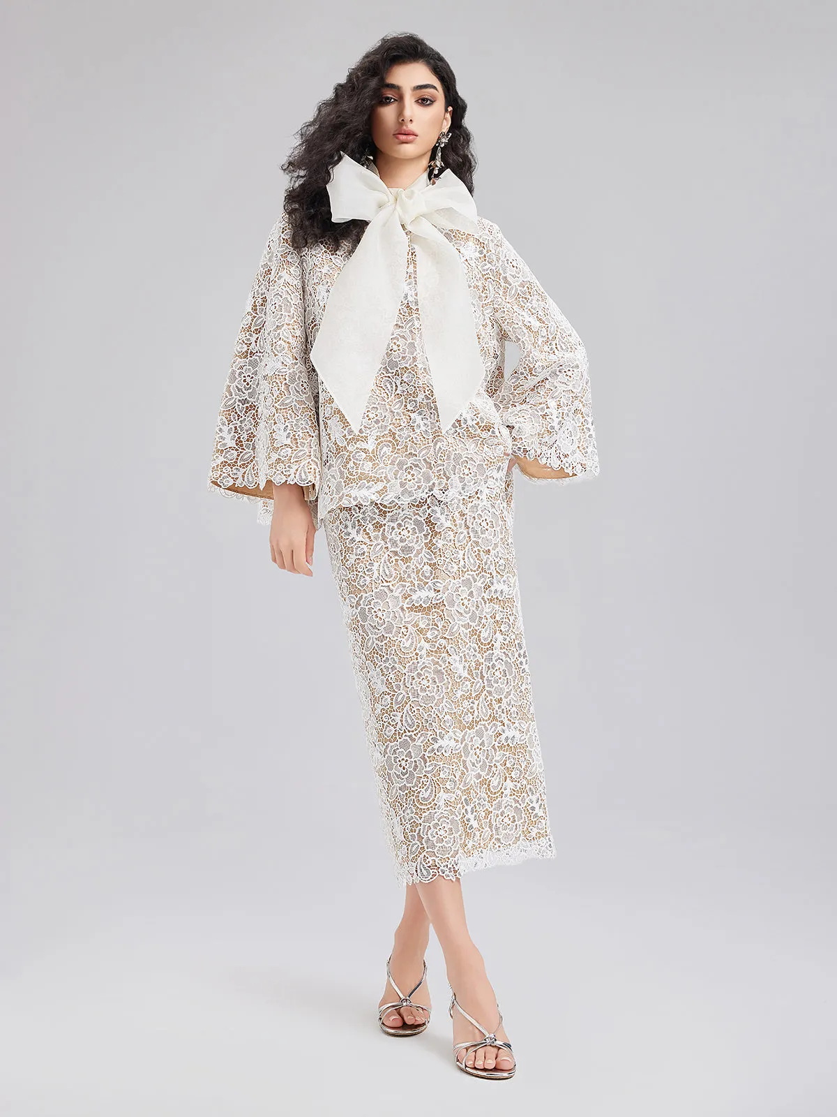 Elegant Lace Texture Coat with Neck Tie
