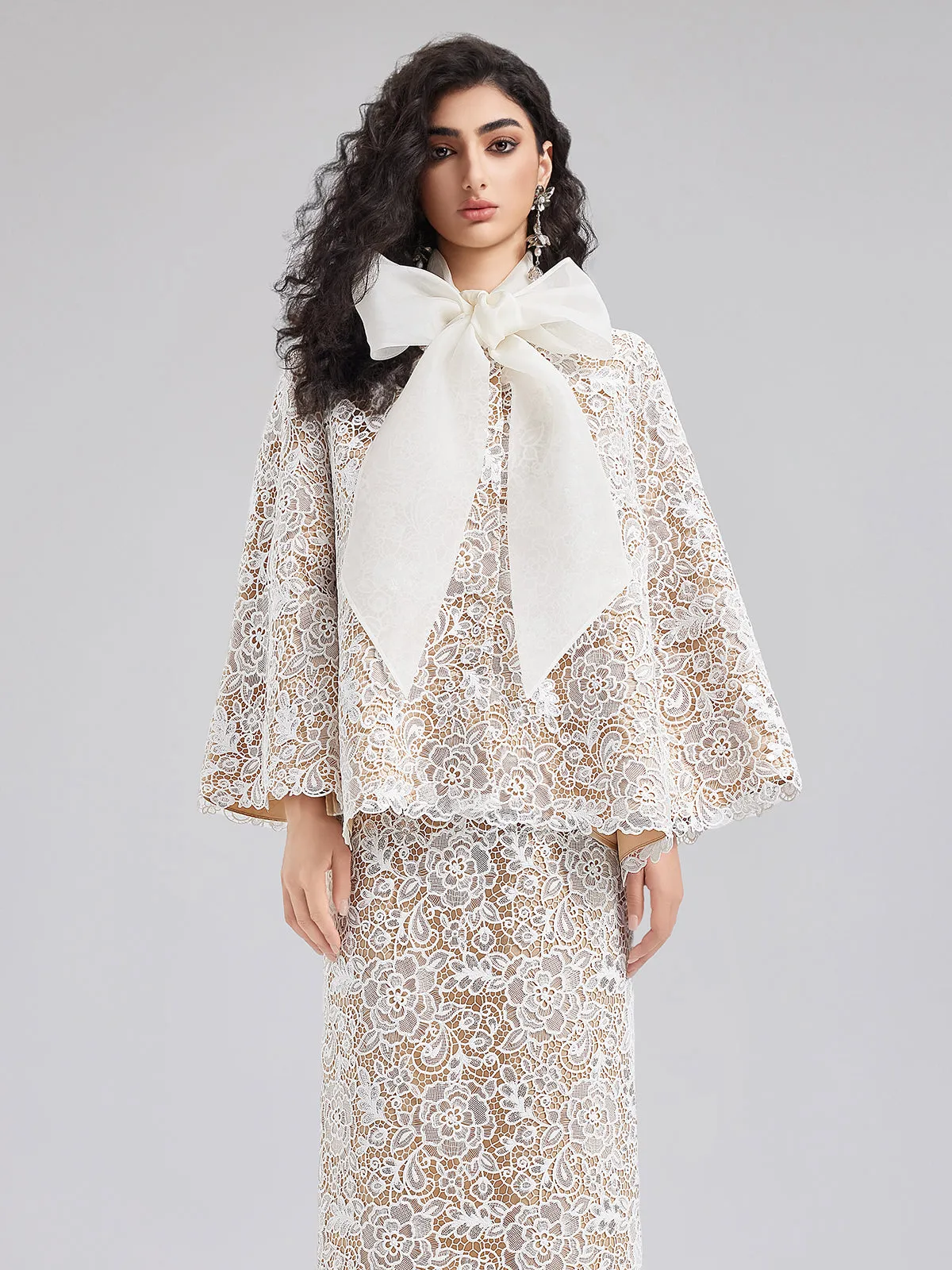 Elegant Lace Texture Coat with Neck Tie